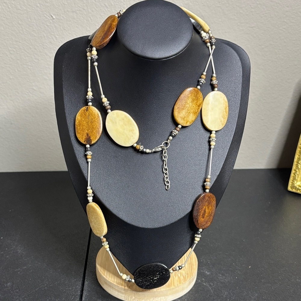 Vintage Brass & Bone Necklace Retro Tribal Bohocore Brown Brass Beaded